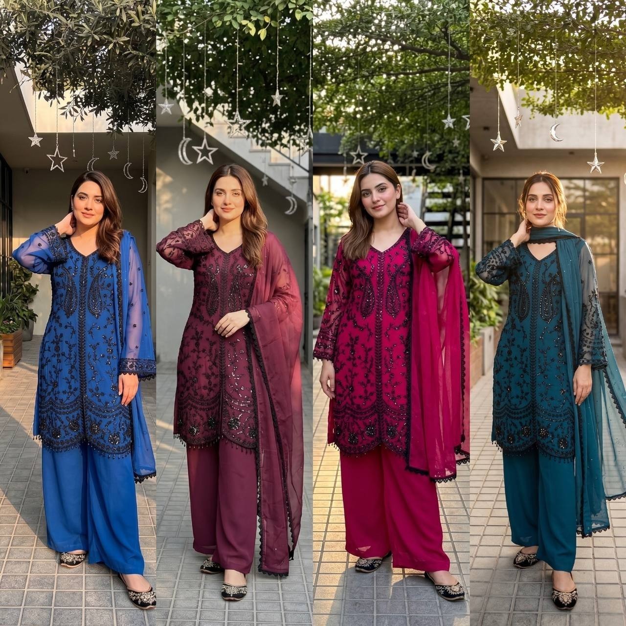 Skyview Fashion Damen Anarkali-Set Faux Georgette mit Pailletten & Lace-Dupatta