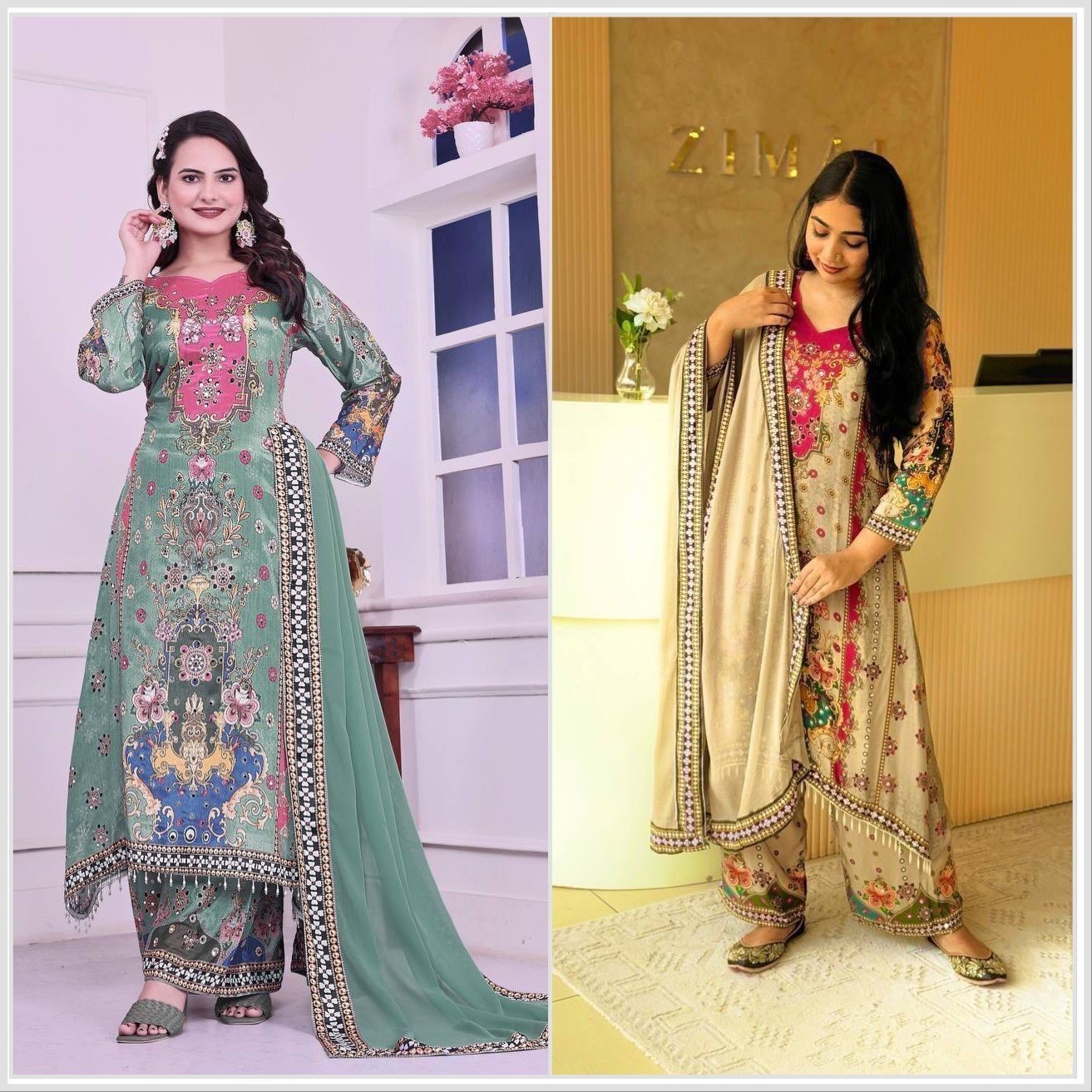 Puro Pesante Chinon Seta Vino Salwar Kameez Con Dupatta per Donne Nuziale