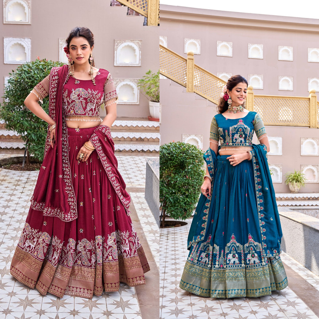 Skyview Fashion Set Lehenga Choli In Vichitra Di Seta Donna Con Ricami Pesanti